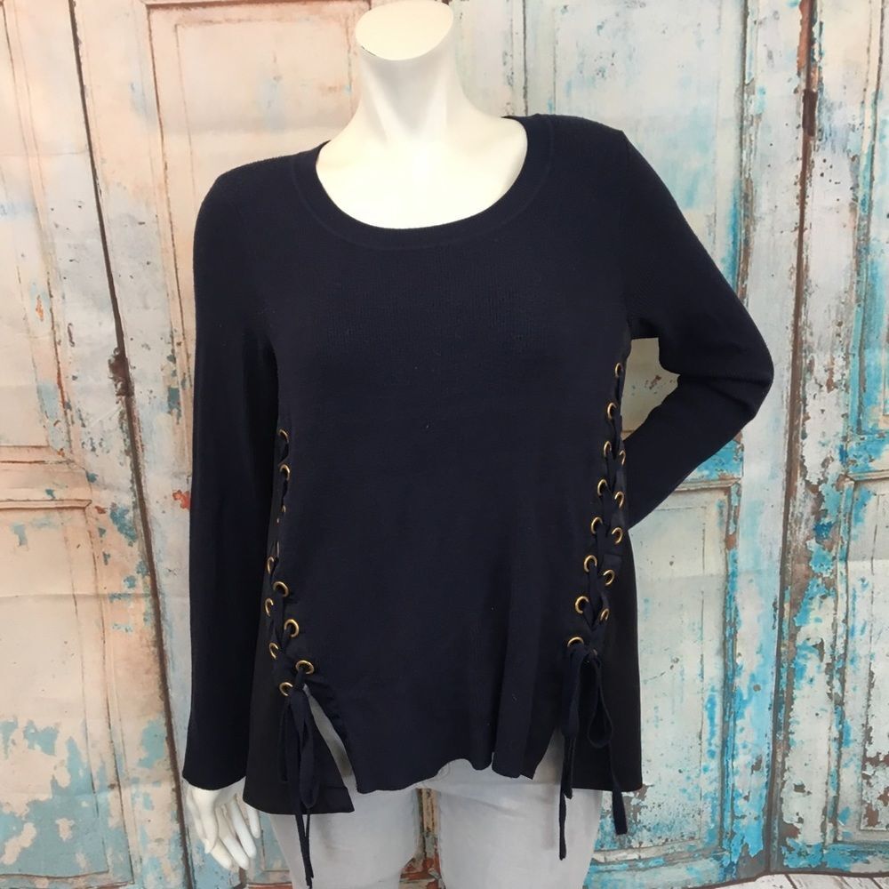 INC Navy Blue Lace Up Grommet Ribbed Sweater